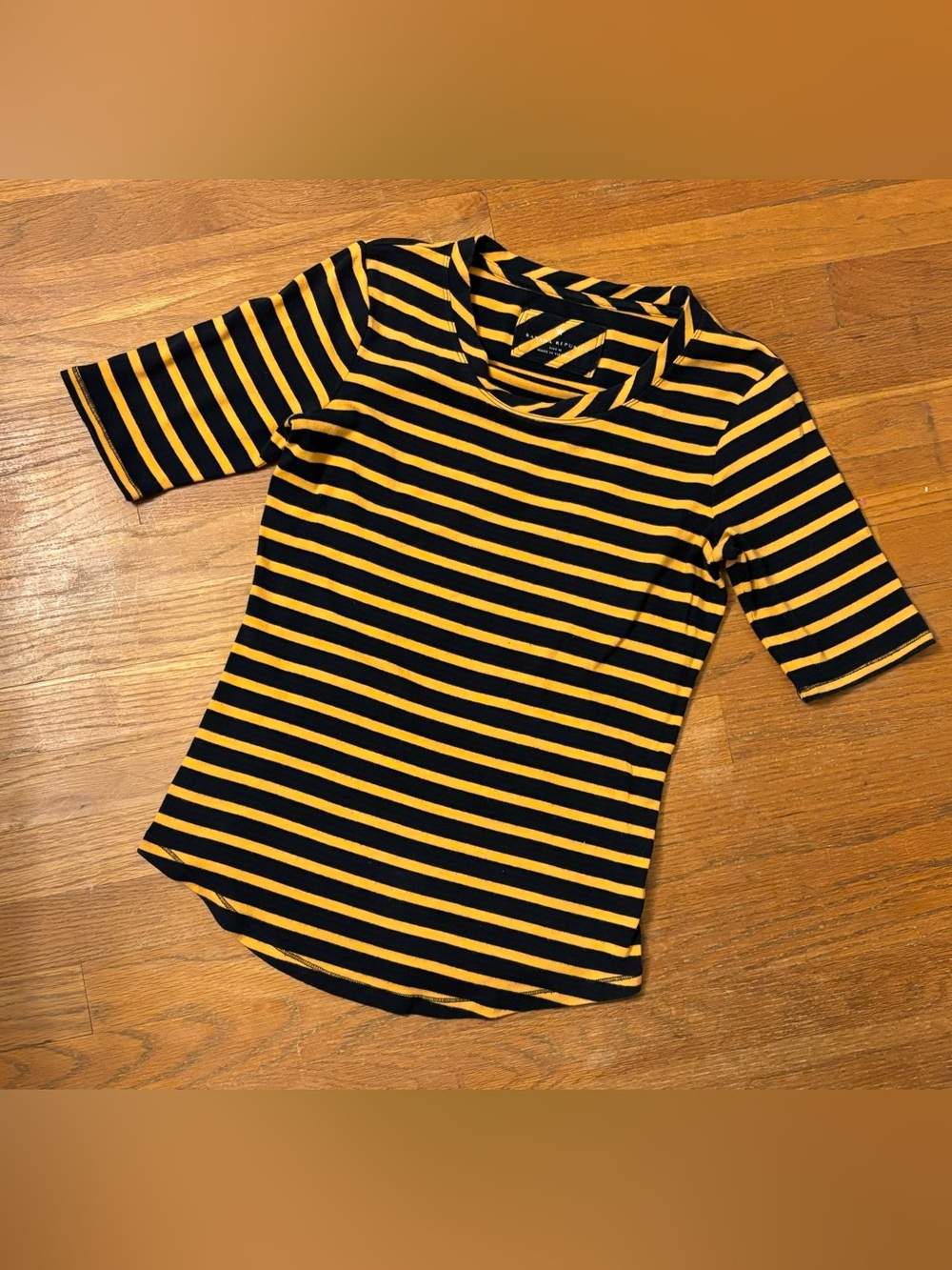 Banana Republic Navy and Yellow/Orange Striped Short Sleeve Tee